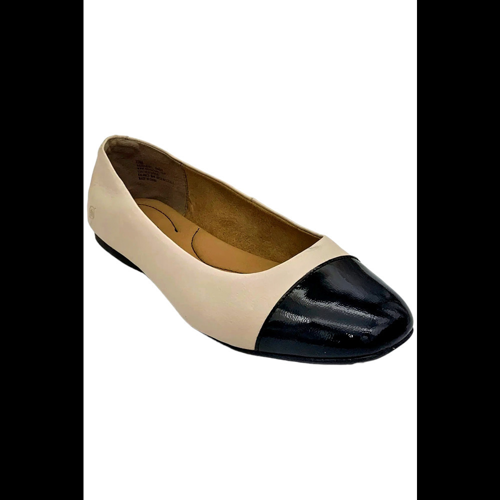Born Two-Tone Black and Cream Leather Cap-Toe Ballet Flat